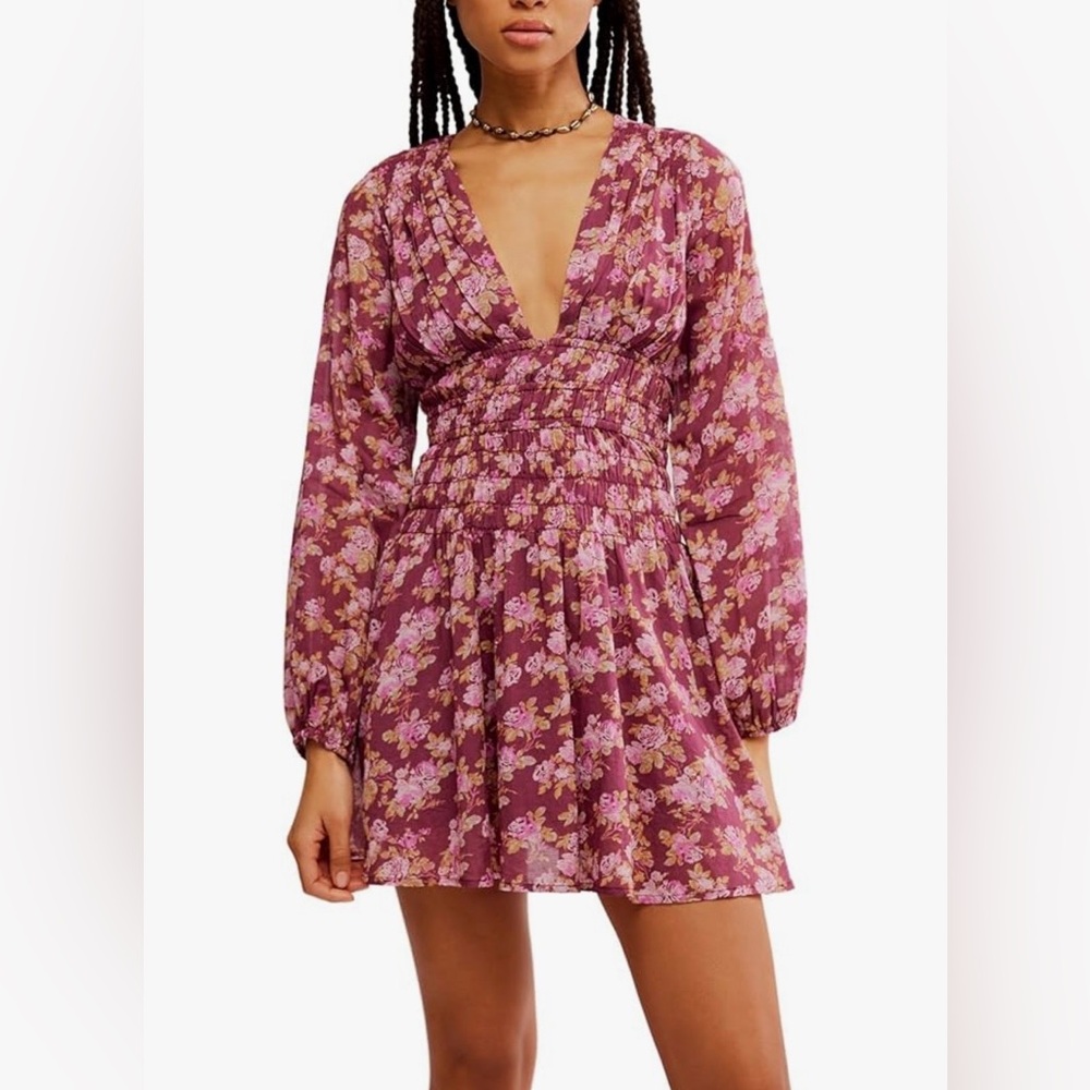 New Free People Keep You Mini Dress Floral V-neck Size Small Long Sleeve NWT